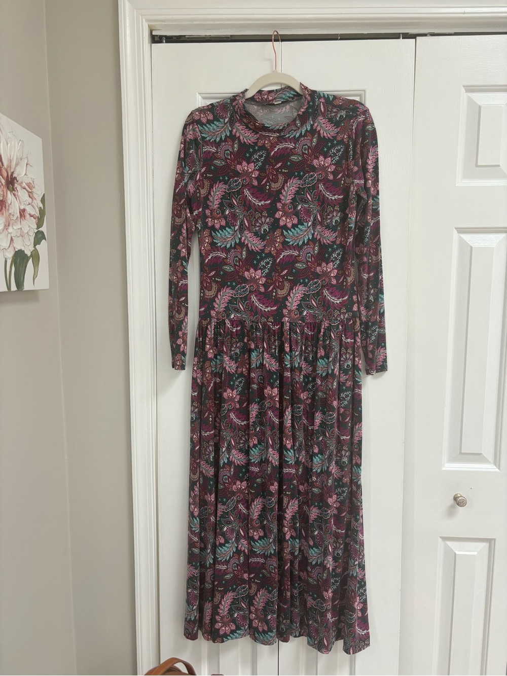 LOFT Burgundy Floral Long-Sleeve Maxi Dress with Pink & Teal Accents